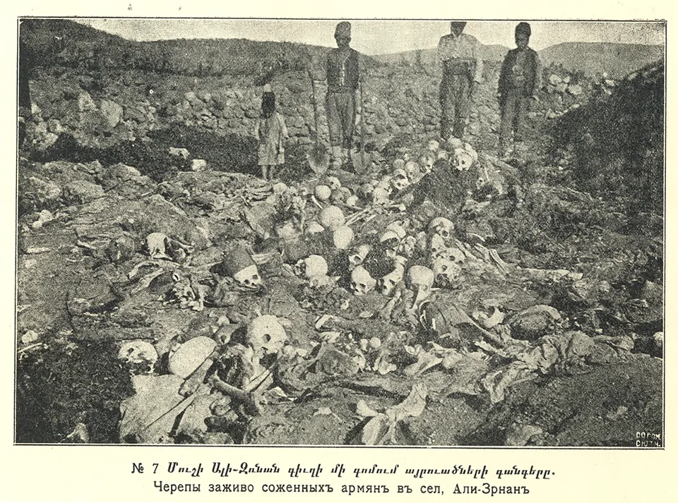 Human skulls and bones on the ground, with several people standing behind them