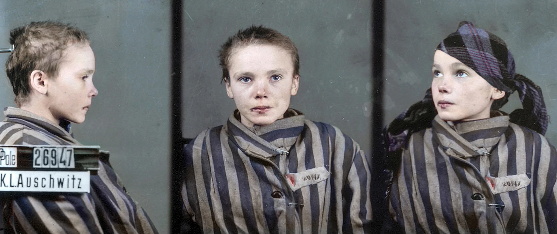 Цветная версия трёх регистрационных портретов Чеславы Квоки, выполненная Мариной Амарал