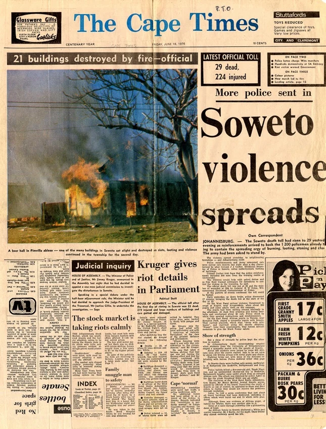 Газетная полоса The Cape Times с заголовком «Soweto violence spreads».