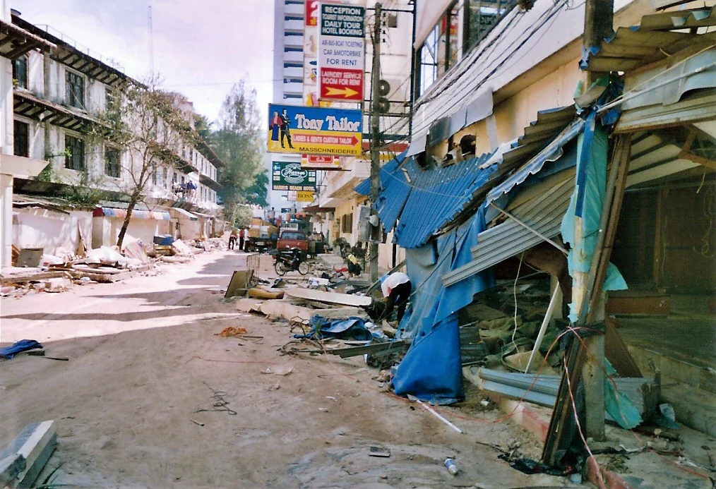 Damaged buildings at Patong, Phuket, Thailand. December 2004; exact day not stated.