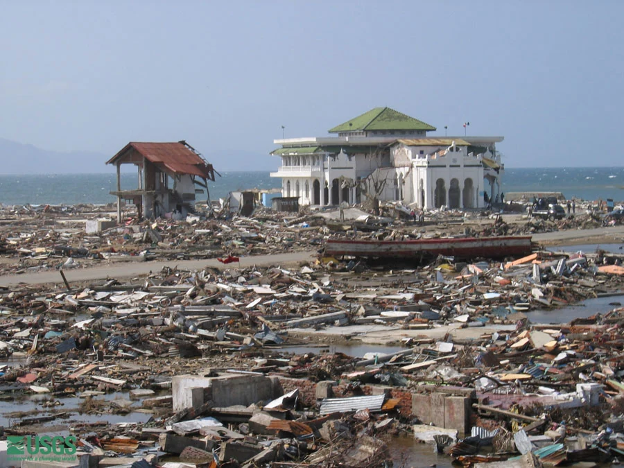 A mosque surrounded by rubble in Banda Aceh. USGS photograph, 21 January 2005.