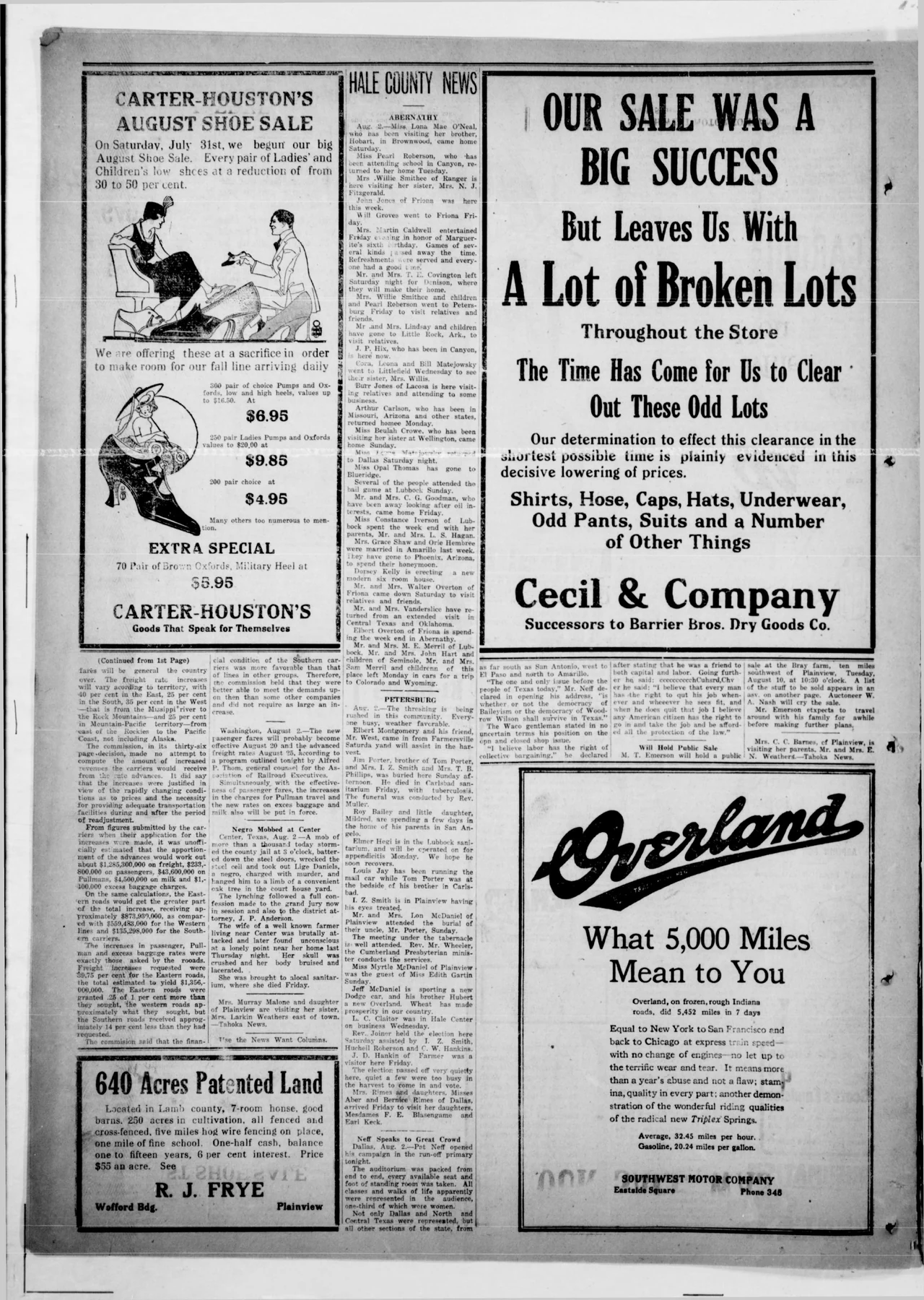 Страница 8 газеты Plainview News от 3 августа 1920 года. В заметке из Сентера событие датировано 2 августа.