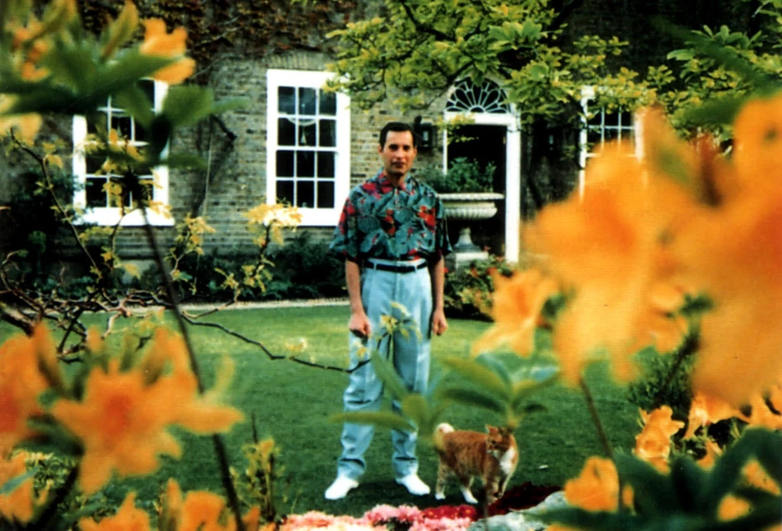 Freddie Mercury stands in the Garden Lodge garden beside the ginger cat Oscar, named in Sotheby’s catalogue. Photograph attributed to Jim Hutton.