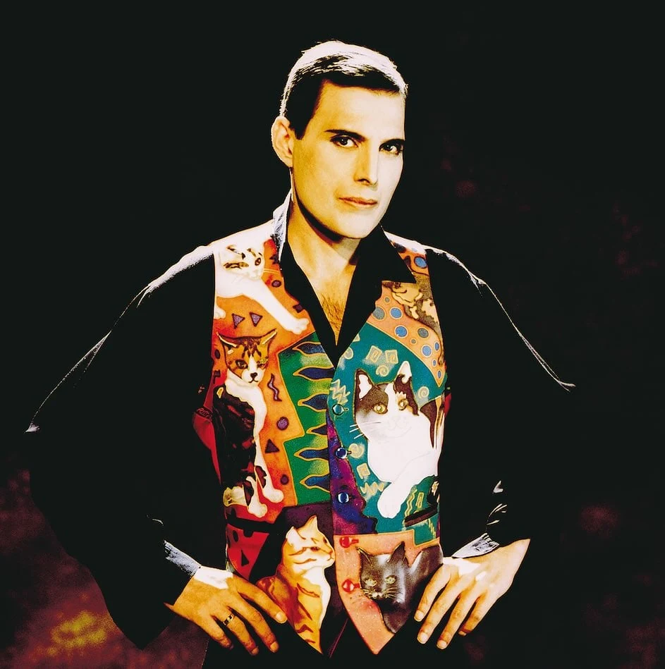 Freddie Mercury on the set of Queen’s final video with him, wearing a waistcoat patterned with cats. Photograph by Richard Gray.