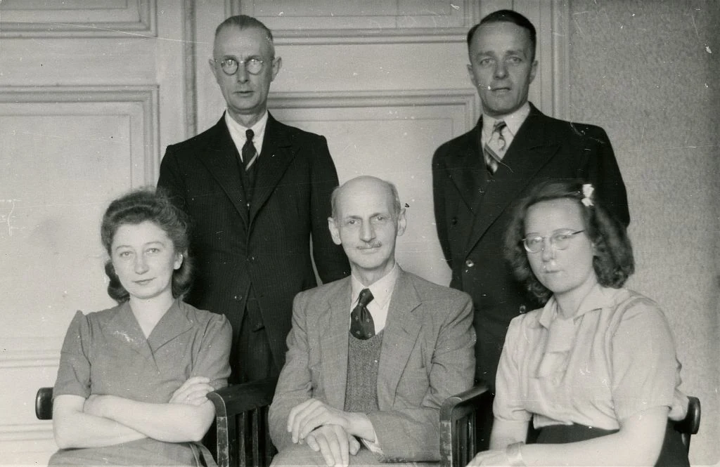 Miep Gies, Johannes Kleiman, Otto Frank, Victor Kugler and Bep Voskuijl. October 1945.