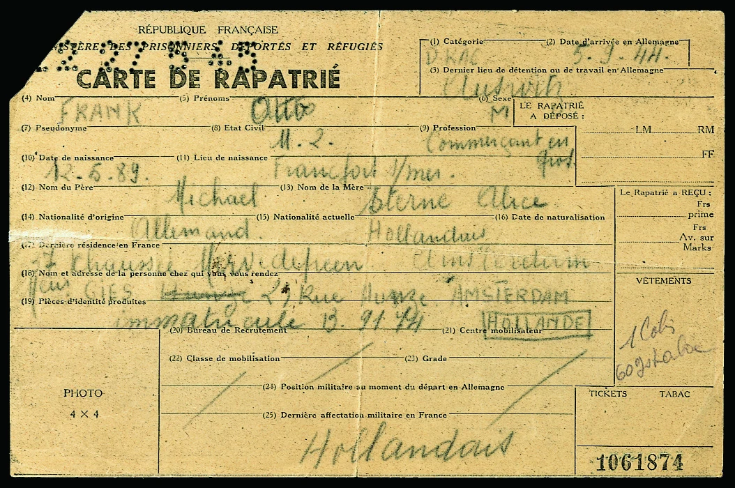 Otto Frank’s repatriation card, issued in France in 1945. His journey back to Amsterdam took him through Marseille.
